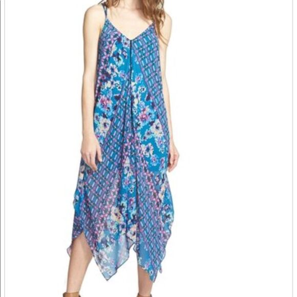 ASTR Handkerchief Hem Blue Floral Midi Dress - Size S - Picture 1 of 4